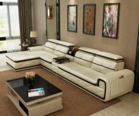 Luxusní kožená sedací souprava rohová sedací souprava L tvaru, moderní relaxační sedadlo, nábytek, obývací krajina.