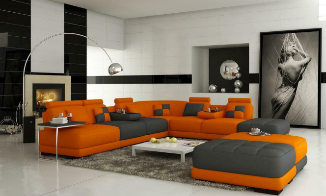 Velká designová obývací sestava, provedení L, rohová sedací souprava, pohovka.