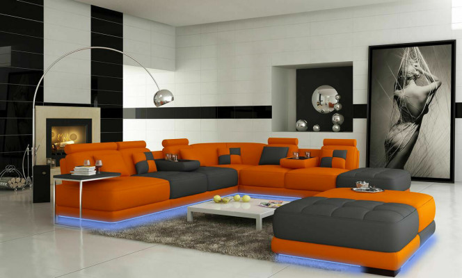 Velká designová obývací sestava, provedení L, rohová sedací souprava, pohovka.