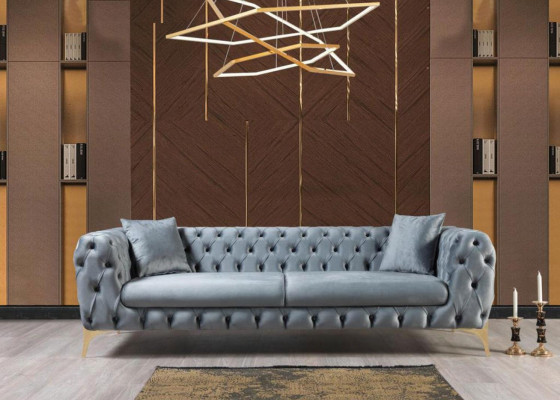 Třísedadlová sedací souprava Luxus Chesterfield 3místná sedací souprava šedá sametová nová pohovka.