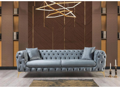 Třísedadlová sedací souprava Luxus Chesterfield 3místná sedací souprava šedá sametová nová pohovka.