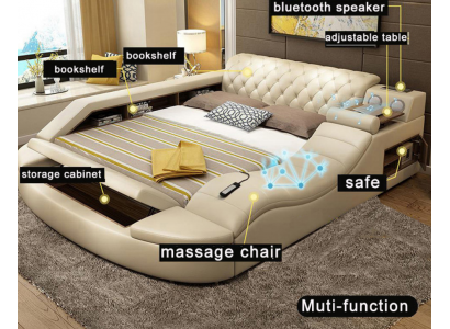 Multifunkční lůžko luxusního designu s koženým oblečením, hotelové dvojité lůžko s úložným prostorem.