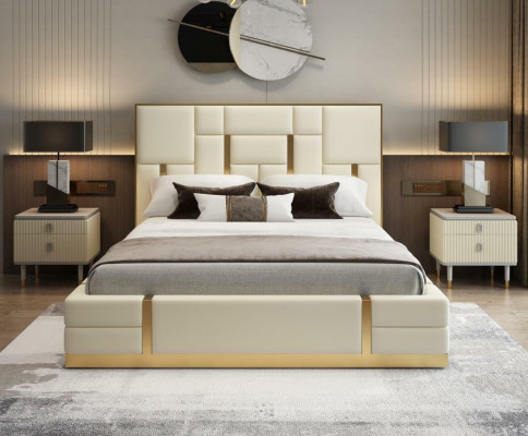 Moderní luxusní postel ložnice, italská kůže, dvojlůžko, kovový design.