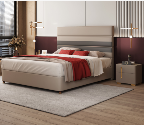 Kožená postel s polstrováním, dvojlůžko, lůžka, hotel, luxusní design, manželská poste, ložnice, béžová.