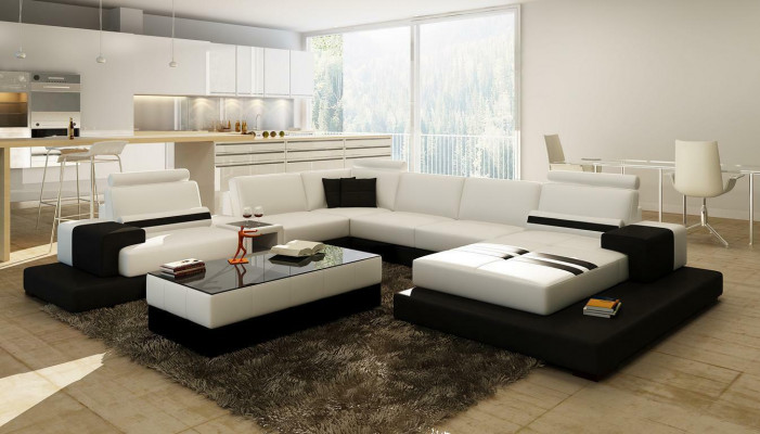 Nádherná XXL kožená obývací souprava U tvaru rohová pohovka gauč