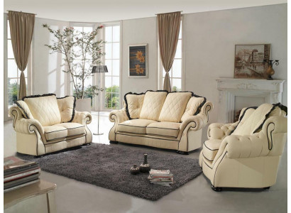 Klasická sada sedacích souprav, sofa, čalounění, kůže, garnitura 3 + 2 + 1 sedací soupravy.