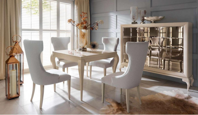 Jídelna Jídelní stůl Židle Jídelní skupina Jídelní kout Židle Luxus Bílý Komoda Set 6 kusů.