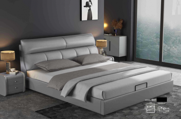 Šedá designová postel ložnice postele textilie kůže hotelová čalounění