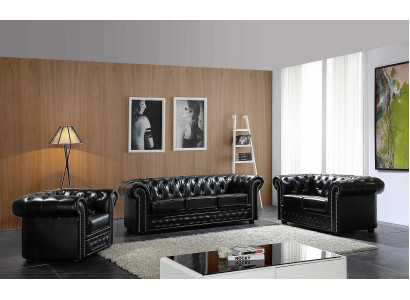 Chesterfield Design Luxus Pohovka Pohovka Sedačka Sada Kožená 3 Místná #606