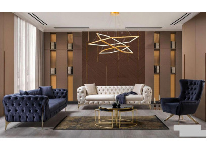 Sofá sada Modrá Luxusní pohovky Křesla 3+3+1 Chesterfield Design Samet