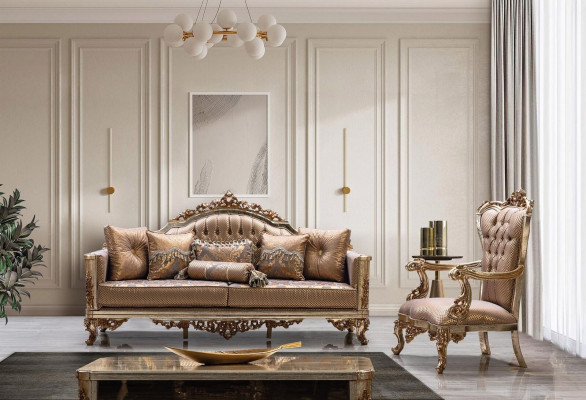 Sofa Set 3+1 Sedák Zlatý Konferenční Stůl Souprava Sedacích Garnitur Obývací Pokoj Luxusní Nové