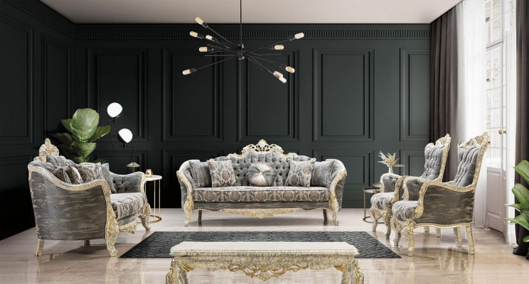 Klasická Chesterfieldská barokní sedací souprava obývacího pokoje, sestava nábytku 5 dílů