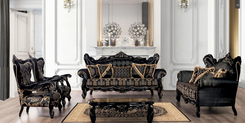 Sofa Set 3+3+1+1 Sezení Stříbrný Stůl Obývací Pokoj Luxus Černý Sedací Souprava Nový