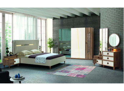 Ložnice set postel 2x noční stolky 5dílný design textil dřevo skříň