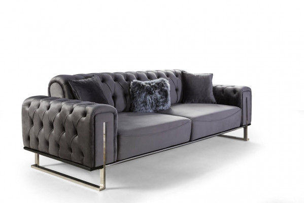 Luxus Chesterfield Sofa 3 Sitz Plätzer Grau Sofa Polster Textil Couchen  Luxus pohovka Chesterfield 3místná šedá pohovka čalouněná textilií
