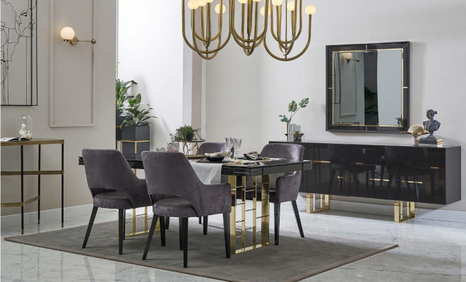 Luxus jídelní kout jídelního pokoje jídelní soubor sestava jídelního pokoje nábytek 9dílná sada dřevo černá