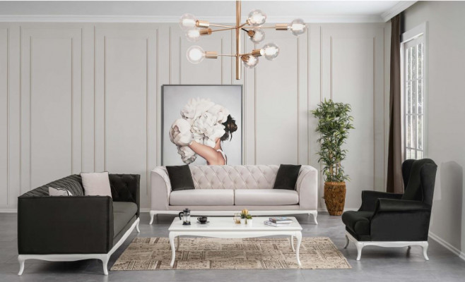 Kompletní sada čalouněných pohovků Chesterfield Couch 3 kusy látková černá sofa