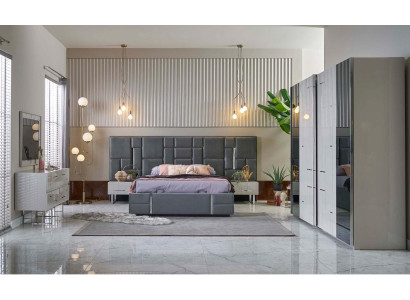 Manželská postel Rám postele Ložnice Šedá dřevo Sada 6 dílů Šatní skříň