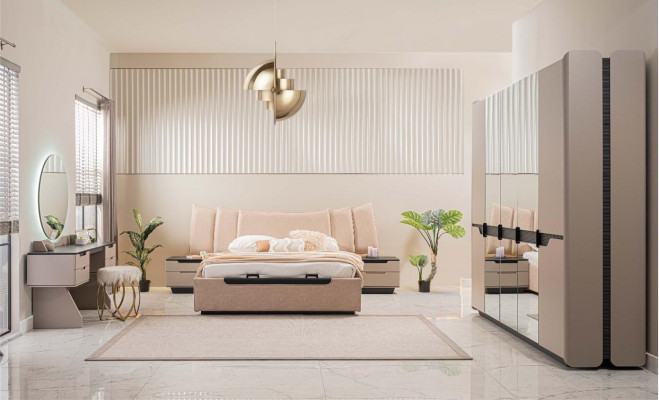 Kompletní ložnice Manželská postel Moderní Béžová ložní souprava 6dílná Skříň