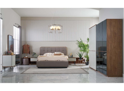 Moderní ložnice Set 7 částí manželská postel Kompletní hnědé dřevo posteľ