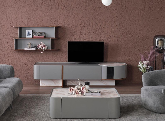 Nábytek ze dřeva pro obývací pokoj, luxusní souprava stěn pro TV s designovými policemi.