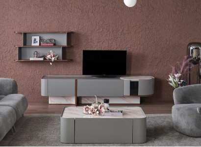 Nábytek ze dřeva pro obývací pokoj, luxusní souprava stěn pro TV s designovými policemi.