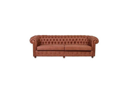 Hnědá třímístná sedací souprava Chesterfield s moderními pohovkami ve třech kusech.