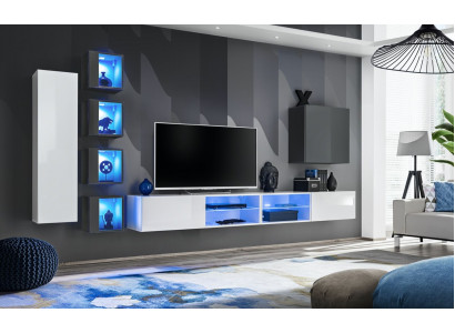 Stěna v bílé barvě, designový nástěnný šatník nábytek do obývacího pokoji, kompletní zařízení.