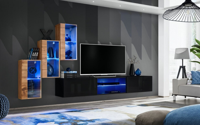 Kompletní designérská moderní obývací stěna, regály na zeď, TV stojan, 3x závěsná skříň