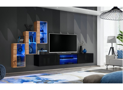 Kompletní designérská moderní obývací stěna, regály na zeď, TV stojan, 3x závěsná skříň