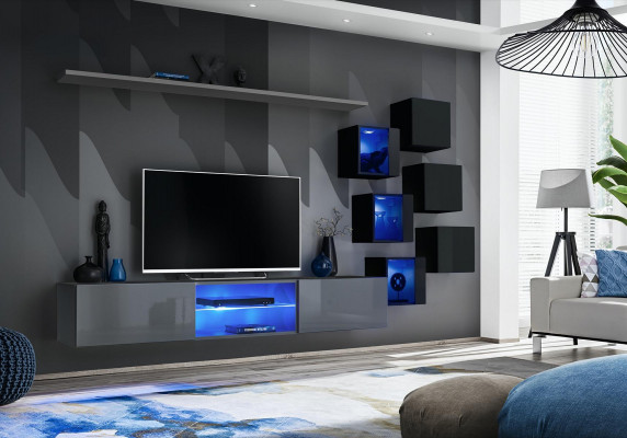 Sada Moderní Šedý Nábytek Obývací Stěna TV Stojan Komoda Dřevěný Nábytek Stěnová Skříň