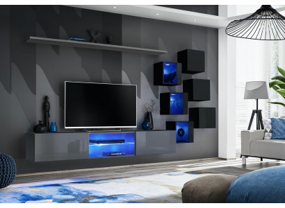 Sada Moderní Šedý Nábytek Obývací Stěna TV Stojan Komoda Dřevěný Nábytek Stěnová Skříň