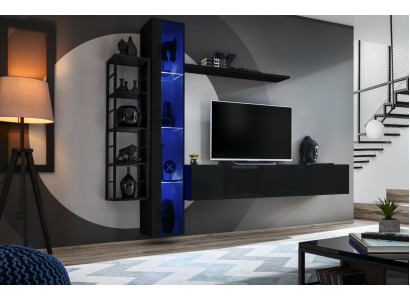 Wohnwand Schwarz Designer TV-Ständer Wohnzimmermöbel Möbel Komplette Sideboard  Stěna bytu Černý designový TV stojan Nábytek do obývacího pokoje Nábytek Kompletní komoda