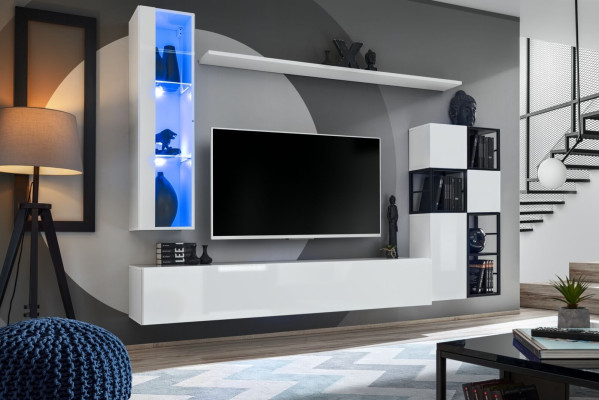 Nástěnná skříň Bílý Obývací pokoj Designový TV Stojan Kompletní 9-dílný Dřevěný nábytek Poličky