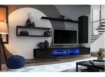 Černá stěnová jednotka Obývací nábytek Skříň na zeď Regály Luxusní set Nový