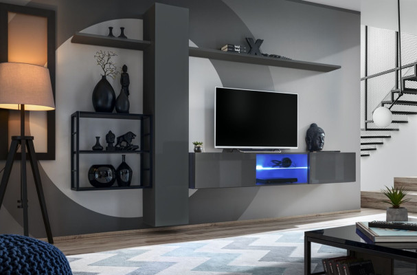Wohnzimmermöbel Wohnwand 270 cm Wandschrank Einrichtung Grau Luxus Wand Regale