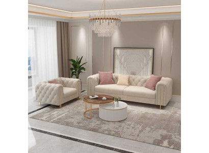 Sada 2 kusy obývacího setu, dvojice sedaček, moderní gauč a křeslo z kůže.