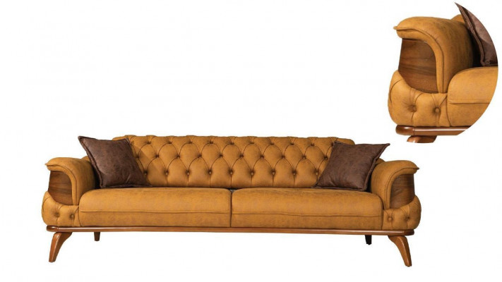 Třímístná pohovka Chesterfield v moderním designu ze žluté kůže do obývacího pokoje.