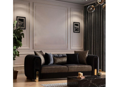 Sofa třímístná moderního designu černé barvy z látky do obývacího pokoje.