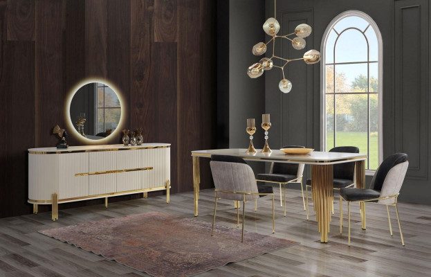 Luxus jídelní sestava, jídelní stůl se židlemi, set 6 kusů, zlatá bílá