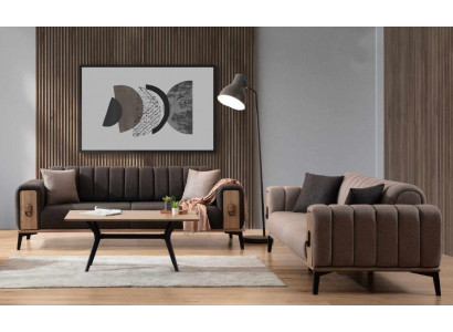 Hnědá sedací souprava 2x třísedák luxusní set nábytku pohovky palubního dřeva