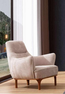 Moderní křeslo, koktejlové křeslo, křeslo se špičatými opěrkami, designový nábytek, béžový dřevěný nábytek