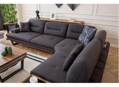 Stylová šedá luxusní L-fofrová sedací souprava v obývacím pokoji - designový rohový garnitur.