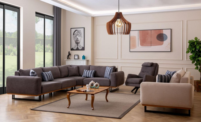 Designer obývací pokoj sestava Rozkládací rohová sedací souprava L tvaru 3 osoby, křeslo 3dílná