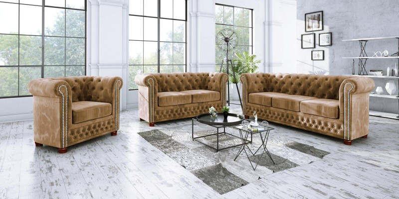 Klasický nádherný pohovk suchen Chesterfield, dvoumístná pohovka, textilní design, hnědá.
