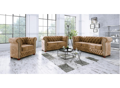 Klasický nádherný pohovk suchen Chesterfield, dvoumístná pohovka, textilní design, hnědá.