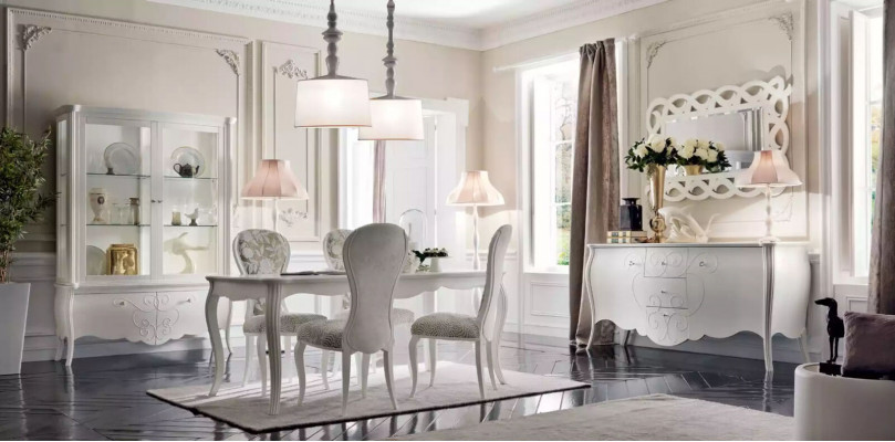 Jídelní soubor 8 kusů Stůl 4 židle Sideboard Zrcadlo Garnitur Bílý
