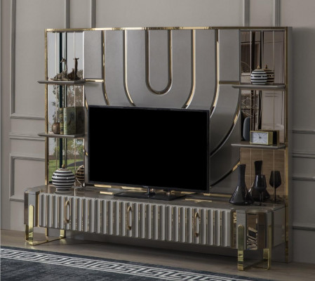 TV stojan RTV Lowboard Sideboard obývací pokoj Zlato Šedá Luxus Dřevo Nový