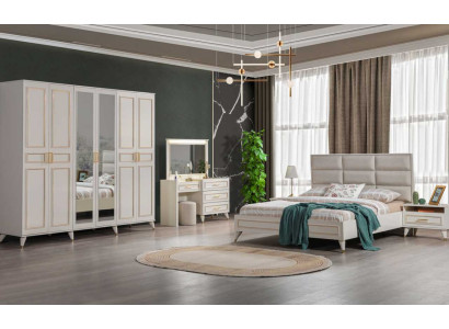 Schlafzimmer Designer Doppelbett Luxus Schminktisch Edler Hocker 7tlg Ložnice Designová manželská postel Luxusní toaletní stolek Vznešená židle 7dílný