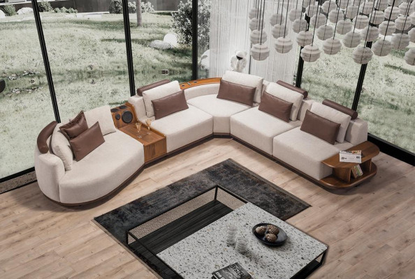 Beige obývací pokoj rohová sedací souprava Exkluzivní L-tvarová pohovka Moderní dřevěný rám